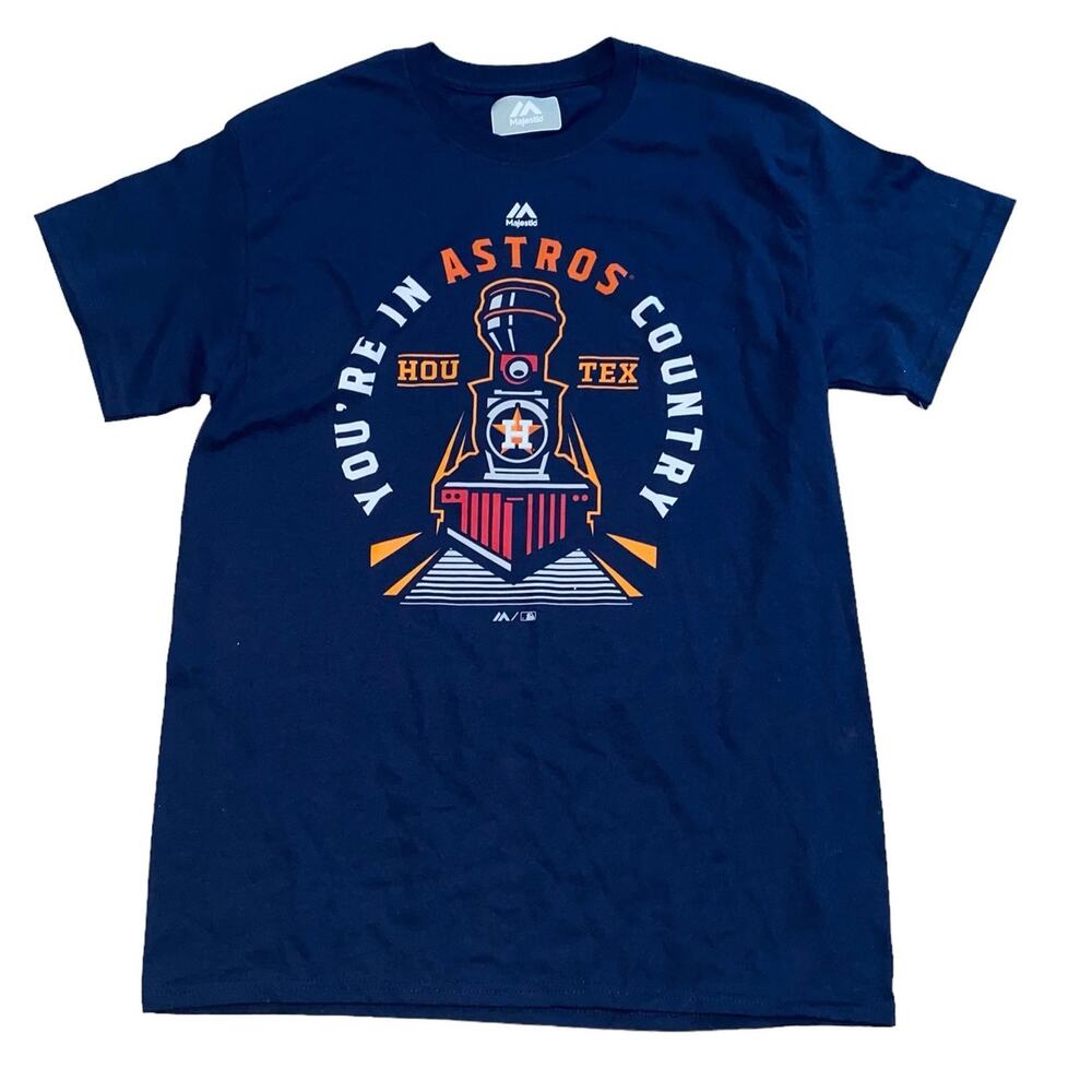 Majestic Houston Astros MLB Baseball Pullover T-Shirt Medium Navy orange